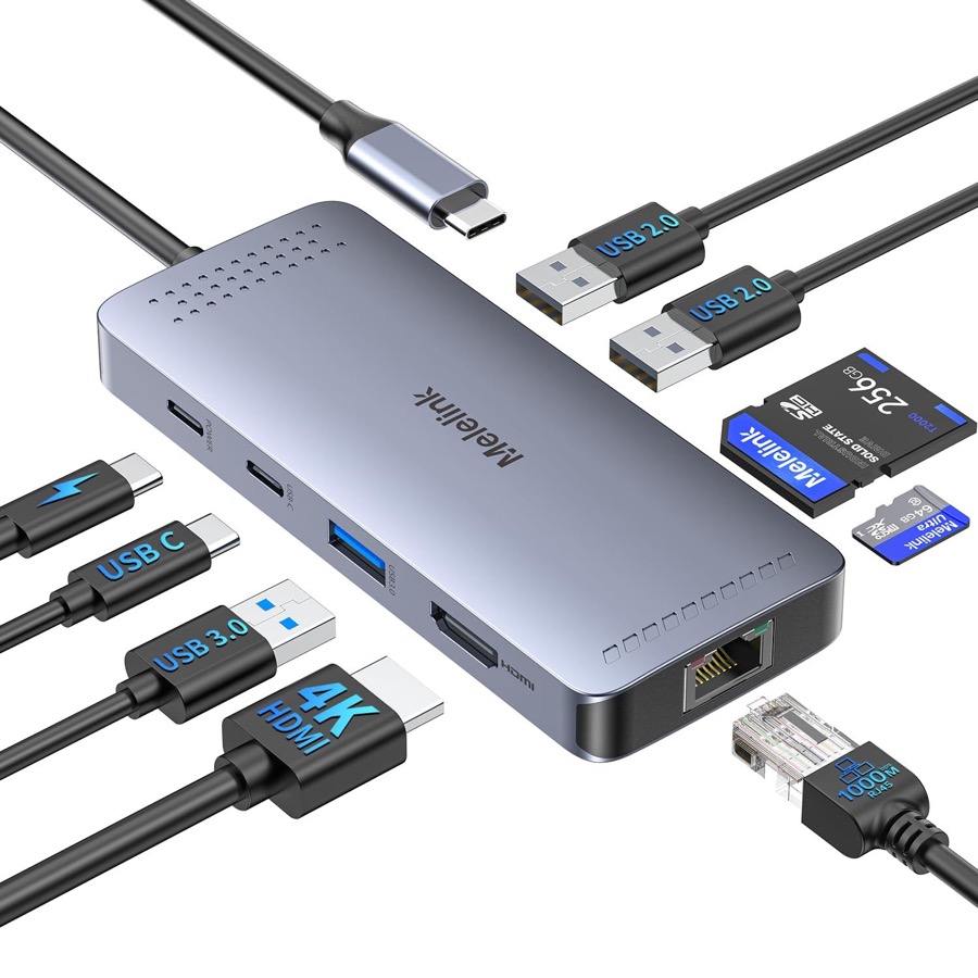 Melelink USB C Hub Ethernet, 9 in 1 USB C to Ethernet Multiport Adapter Dongle with HDMI 4K@30Hz, 100W PD Charging, Gigabit RJ45, SD/TF Card Reader, USB A&C 3.0, USB-C Dock for Mac, Dell, Lenovo, HP